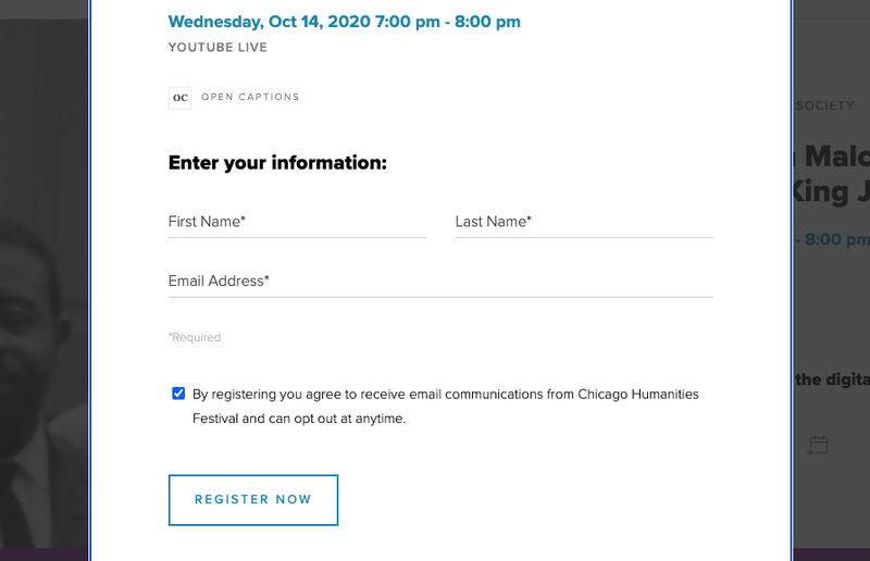Event registration form including first name, last name, and email.