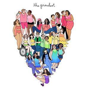 People dress in rainbow clothing. The people are arranged in a shape of a heart