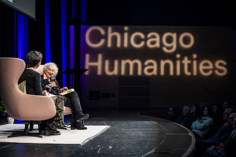 Margaret Atwood (right) and  Elif Batuman (left) on stage at Francis W. Parker School in Chicago at the Chicago Humanities Fall Festival in November 2025.