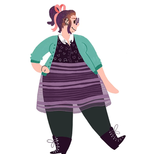 cartoon-like drawing of shelby with purple skirt, pink bow, leggings, in a confident stance with one hand on her hip